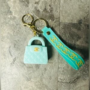 Quilted Teal Keychain Wallet Charm with Gold Accents- bag charm or keychain- NEW